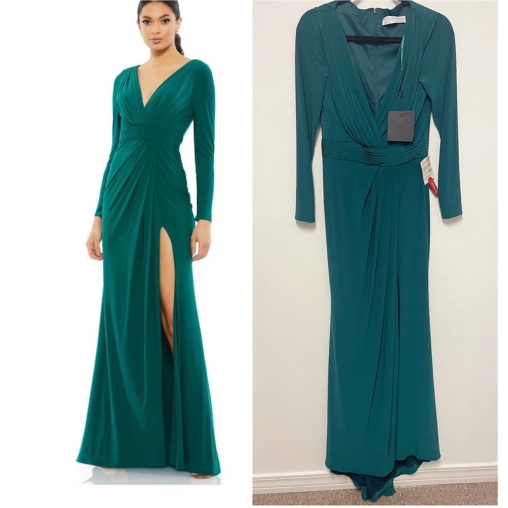 Mac Duggal Emerald Green Long Sleeve V-Neck Gown with Thigh Slit